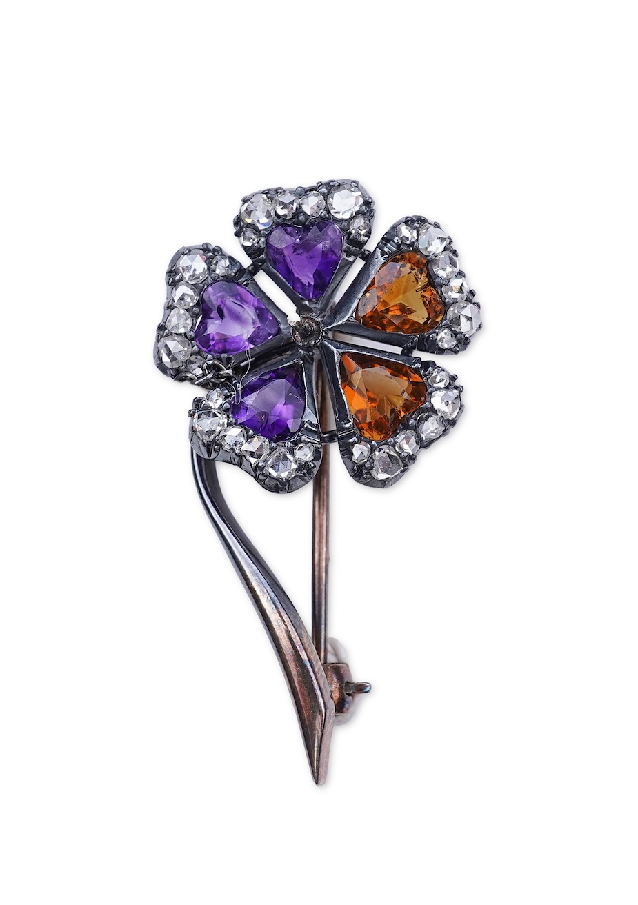 A Victorian amethyst, citrine and diamond brooch, late 19th century
